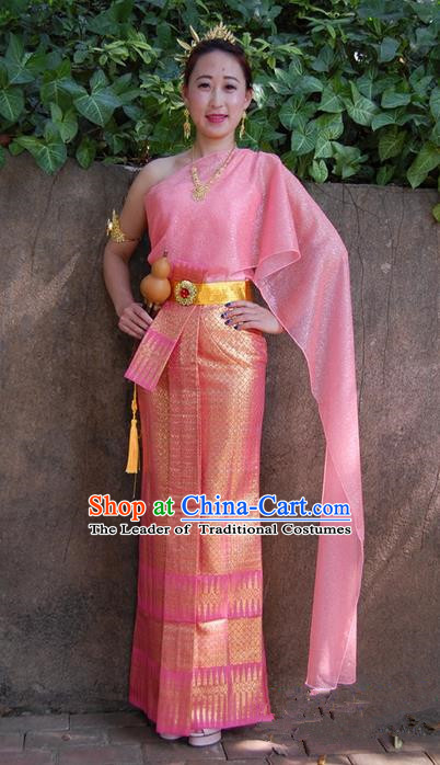 Traditional Traditional Thailand Princess Clothing, Southeast Asia Thai Ancient Costumes Dai Nationality Wedding Pink Sari Dress for Women