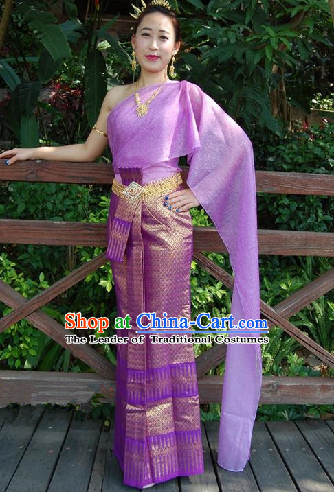 Traditional Traditional Thailand Princess Clothing, Southeast Asia Thai Ancient Costumes Dai Nationality Lilac Sari Dress for Women