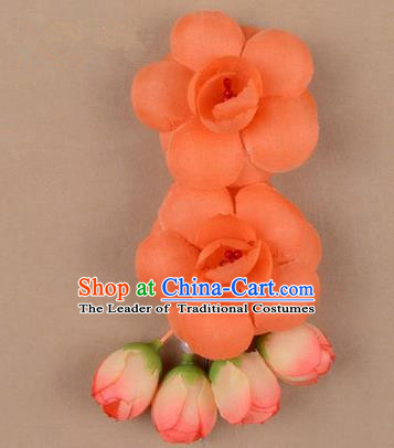 Chinese Ancient Peking Opera Hair Accessories Diva Temple Orange Flowers Hairpins, Traditional Chinese Beijing Opera Princess Hua Tan Hair Clasp Head-ornaments