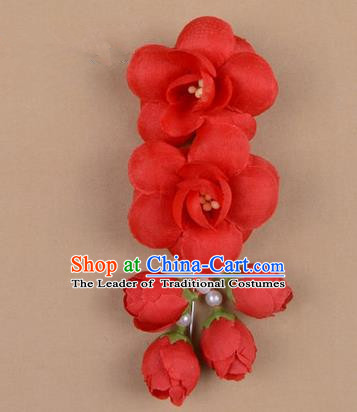 Chinese Ancient Peking Opera Hair Accessories Diva Temple Red Flowers Hairpins, Traditional Chinese Beijing Opera Princess Hua Tan Hair Clasp Head-ornaments