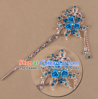 Top Grade Chinese Ancient Peking Opera Hair Accessories Diva Blue Crystal Flowers Hairpins Step Shake, Traditional Chinese Beijing Opera Hua Tan Hair Clasp Head-ornaments