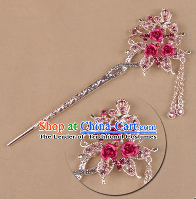 Top Grade Chinese Ancient Peking Opera Hair Accessories Diva Pink Crystal Flowers Hairpins Step Shake, Traditional Chinese Beijing Opera Hua Tan Hair Clasp Head-ornaments