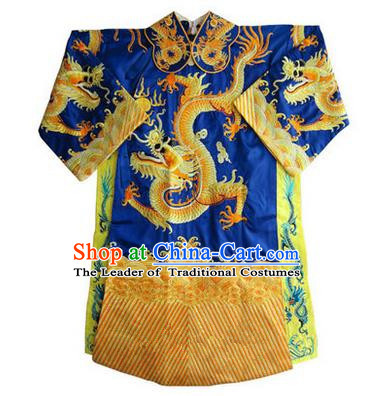Traditional Chinese Beijing Opera Emperor Clothing, China Peking Opera King Blue Embroidered Dragon Robe Opera Costumes