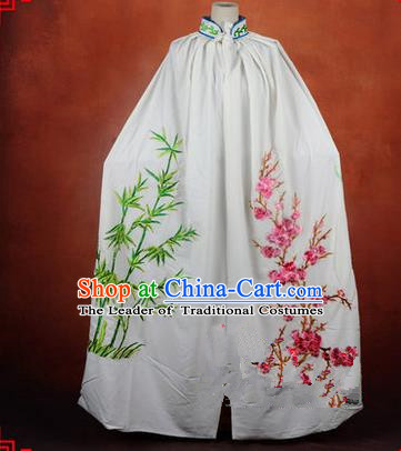 Traditional Chinese Beijing Opera Shaoxing Opera Young Lady Clothing White Cloak, China Peking Opera Diva Role Hua Tan Costume Embroidered Plum Blossoms Orchid Bamboo and Chrysanthemum Mantle