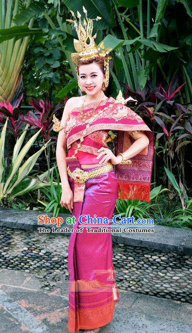 Traditional Traditional Thailand Princess Clothing, Southeast Asia Thai Ancient Costumes Dai Nationality Wedding Rosy Sari Dress for Women