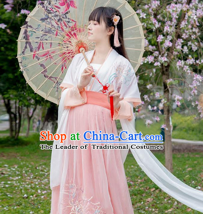 Traditional Chinese Tang Dynasty Palace Princess White Long Ribbons Wearing Silks for Women