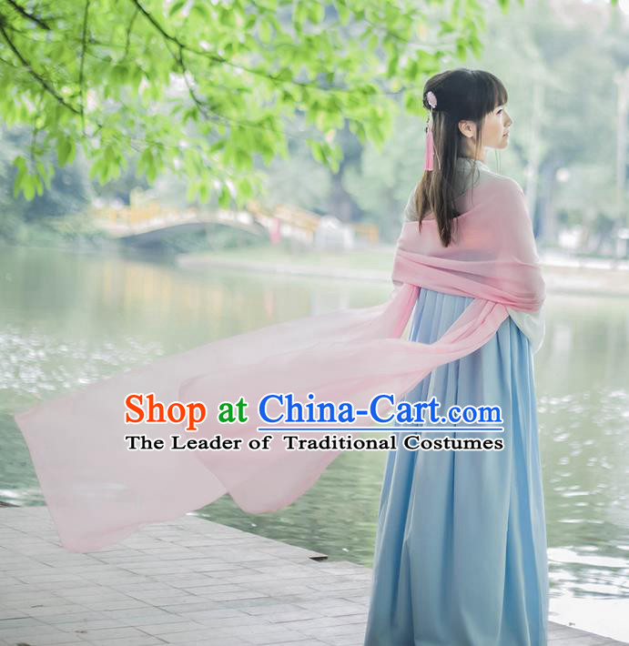 Traditional Chinese Tang Dynasty Palace Princess Pink Long Ribbons Wearing Silks for Women