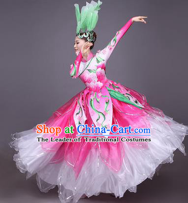 Top Grade China Opening Dance Costume, Female Chorus Classical Dance Dress, Chinese Modern Dance Big Swing Pink Bubble Dress for Women