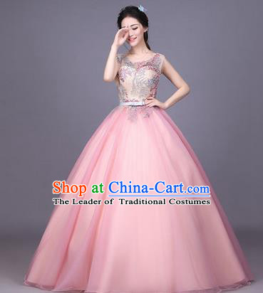 Traditional Chinese Modern Dance Compere Performance Costume, China Opening Dance Chorus Full Dress, Classical Dance Big Swing Pink Veil Bubble Dress for Women