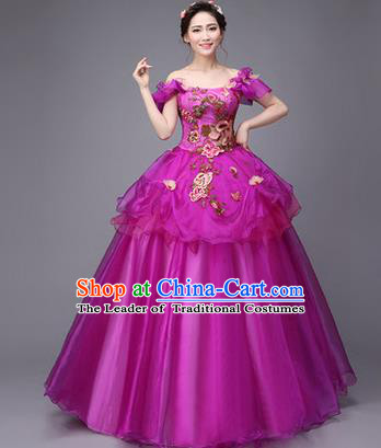 Traditional Chinese Modern Dance Compere Performance Costume, China Opening Dance Chorus Full Dress, Classical Dance Big Swing Purple Dress for Women