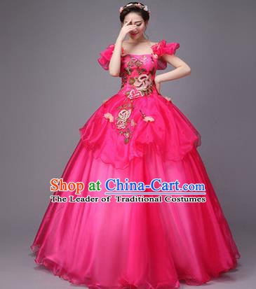 Traditional Chinese Modern Dance Compere Performance Costume, China Opening Dance Chorus Full Dress, Classical Dance Big Swing Rosy Dress for Women