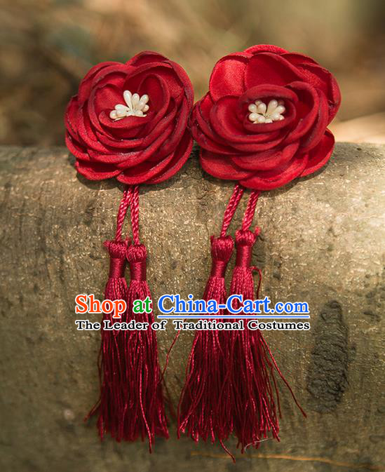 Traditional Chinese Ancient Wedding Hair Accessories, China Hanfu Red Flowers Tassel Hairpins for Women