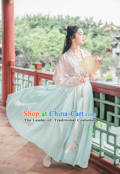 Traditional Chinese Tang Dynasty Palace Princess Costume Blouse Boob Tube Top and Dress Complete Set, Elegant Hanfu Clothing Embroidered Dress, Chinese Ancient Princess Clothing for Women