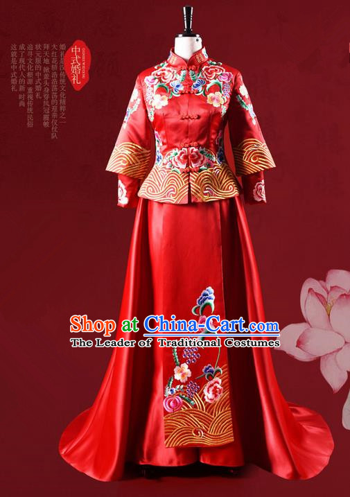 Traditional Chinese Wedding Costume XiuHe Suit Clothing Dragon and Phoenix Flown Bottom Drawer, Ancient Chinese Bride Embroidered Peony Cheongsam Trailing Dress for Women