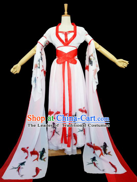 Traditional Chinese Tang Dynasty Imperial Princess Costume, Elegant Hanfu Clothing Blouse and Skirts, Chinese Ancient Young Lady Printing Fancy Carp Dress for Women