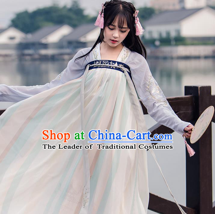 Traditional Chinese Tang Dynasty Young Lady Costume, Elegant Hanfu Clothing Blouse and Skirt, Chinese Ancient Imperial Princess Embroidered Slip Dress for Women
