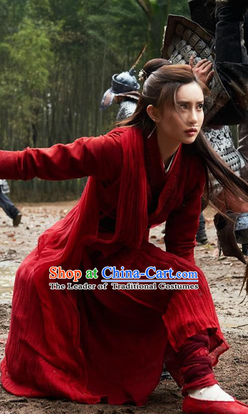 Traditional Ancient Chinese Swordswoman Costume and Headwear Complete Set, The Legend of the Condor Heroes Chinese Song Dynasty Heroine Hanfu Dress Red Clothing for Women