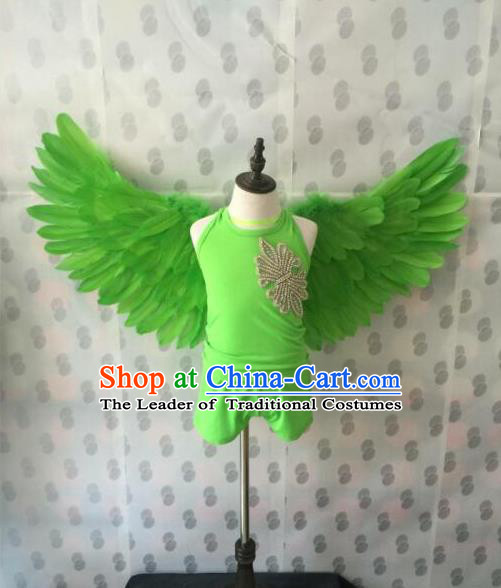 Top Grade Compere Professional Performance Catwalks Swimsuit Costume, Children Feather Formal Dress Modern Dance Fancywork Green Clothing for Boys Kids