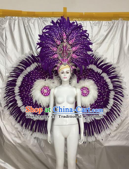 Top Grade Compere Professional Performance Catwalks Costumes Props and Headwear, Traditional Brazilian Rio Carnival Samba Opening Dance Ostrich Feather Wings Suit Fancywork Clothing for Women