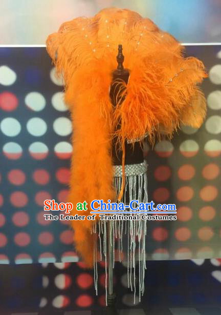 Top Grade Compere Professional Performance Catwalks Orange Feather Cappa, Traditional Brazilian Rio Carnival Samba Opening Dance Swimsuit Tippet Clothing for Kids