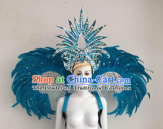 Top Grade Compere Professional Performance Catwalks Blue Feather Wings and Headpiece, Traditional Brazilian Rio Carnival Samba Opening Dance Suits Modern Fancywork Swimsuit Clothing for Women