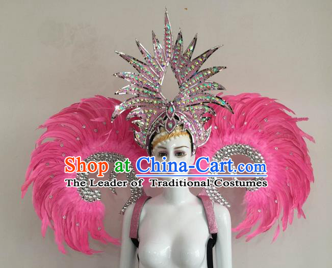 Top Grade Compere Professional Performance Catwalks Pink Feather Wings and Headpiece, Traditional Brazilian Rio Carnival Samba Opening Dance Suits Modern Fancywork Swimsuit Clothing for Women