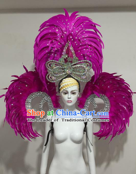 Top Grade Compere Professional Performance Catwalks Purple Feather Wings and Headpiece Big Hair Accessories Decorations, Traditional Brazilian Rio Carnival Samba Opening Dance Suits Modern Fancywork Swimsuit Clothing for Women