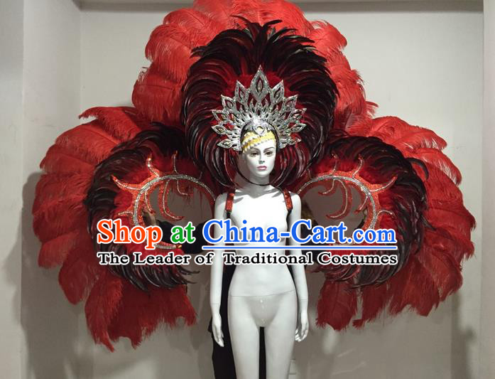 Top Grade Compere Professional Performance Catwalks Red Feather Large Size Wings Costume and Big Hair Accessories, Traditional Brazilian Rio Carnival Samba Opening Dance Suits Modern Fancywork Clothing for Women