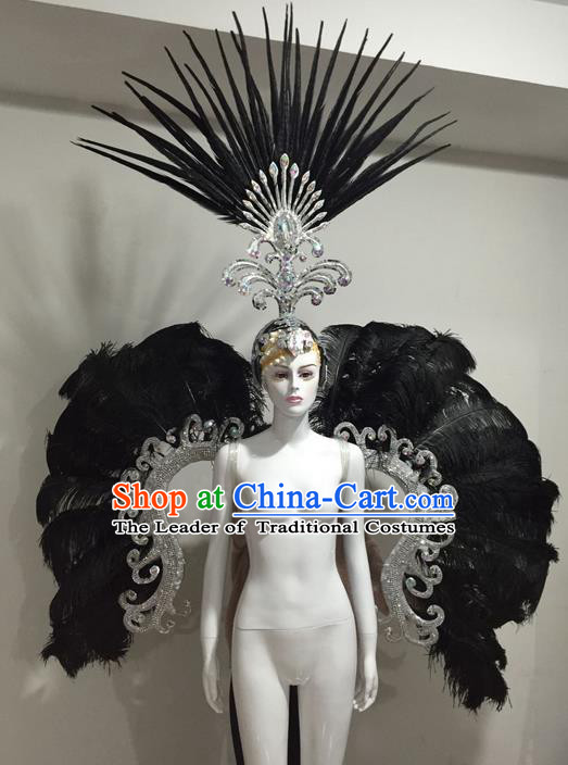 Top Grade Compere Professional Performance Catwalks Black Feather Large Size Wings Costume and Big Hair Accessories, Traditional Brazilian Rio Carnival Samba Opening Dance Suits Modern Fancywork Clothing for Women