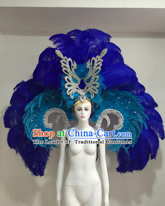 Top Grade Compere Professional Performance Catwalks Blue Feather Wings Costume and Headpiece, Traditional Brazilian Rio Carnival Samba Opening Dance Suits Modern Fancywork Clothing for Women