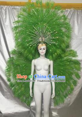 Top Grade Compere Professional Performance Catwalks Green Feather Wings Costume and Headpiece, Traditional Brazilian Rio Carnival Samba Opening Dance Suits Clothing for Women