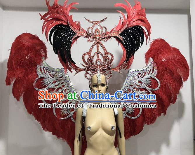 Top Grade Professional Performance Catwalks Large Size Red Feather Wings and Headwear, Brazilian Rio Carnival Samba Opening Dance Custom-made Customized Props Clothing for Women