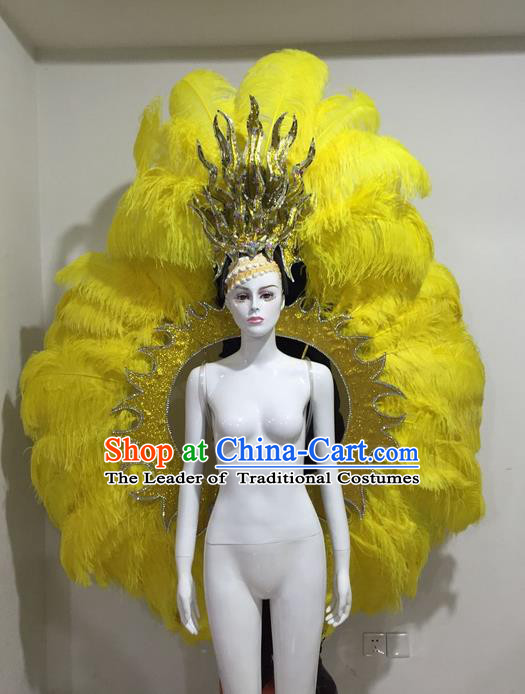 Top Grade Compere Professional Performance Catwalks Yellow Feather Wings and Headpiece Hair Accessories Decorations, Traditional Brazilian Rio Carnival Samba Opening Dance Suits Modern Fancywork Clothing for Women