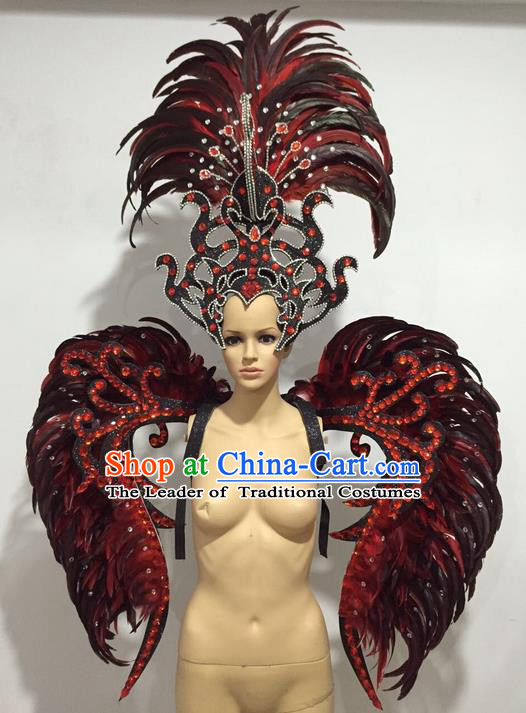 Top Grade Professional Stage Show Catwalks Red Feather Wings and Headwear, Brazilian Rio Carnival Samba Opening Dance Custom-made Customized Clothing for Women