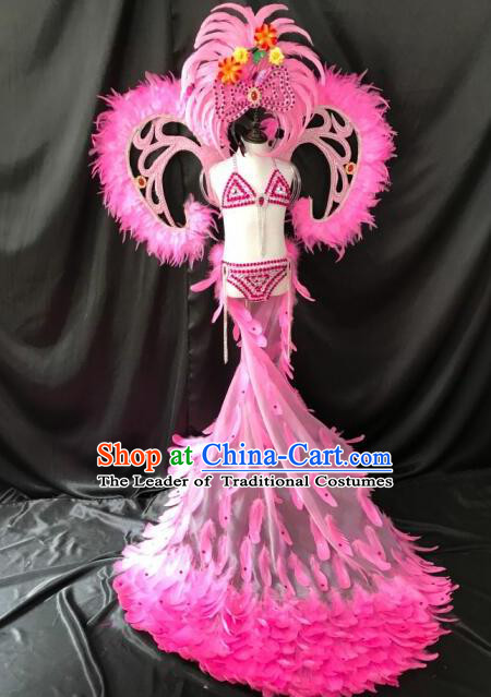 Top Grade Professional Stage Show Catwalks Halloween Dance Pink Feather Bikini Costumes and Headpiece, Brazilian Rio Carnival Samba Opening Dance Modern Fancywork Long Trailing Dress Clothing for Kids