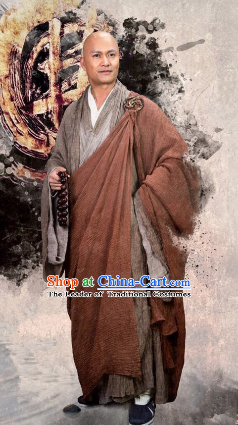 Traditional Ancient Chinese Monk Costume, The Legend of the Condor Heroes Frock Chinese Song Dynasty Buddhism Master Clothing for Men