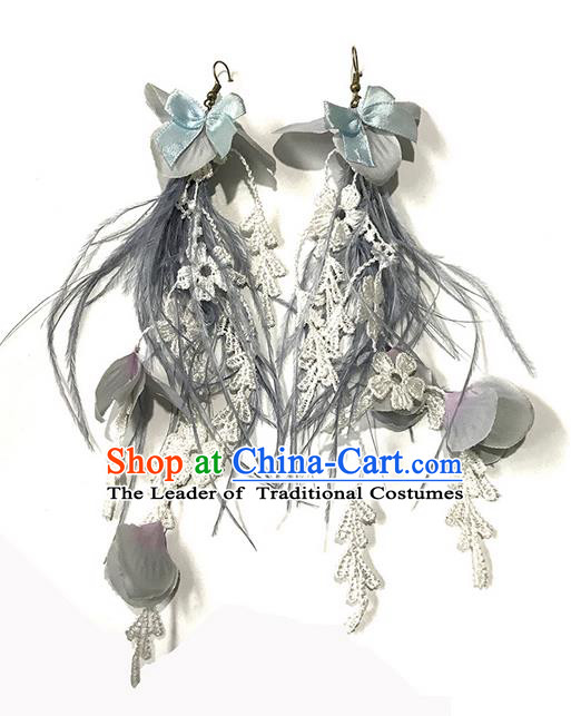 Top Grade Chinese Theatrical Luxury Flowers Earrings, Halloween Fancy Ball Asian Traditional Model Show Grey Feather Eardrop for Women