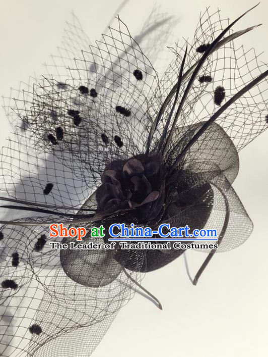 Top Grade Chinese Theatrical Luxury Headdress Ornamental Black Veil Hair Clasp, Halloween Fancy Ball Ceremonial Occasions Handmade Headwear for Men