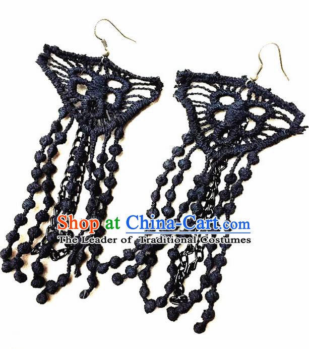 Top Grade Chinese Theatrical Luxury Vintage Earrings, Halloween Fancy Ball Asian Traditional Model Show Black Tassel Eardrop for Women