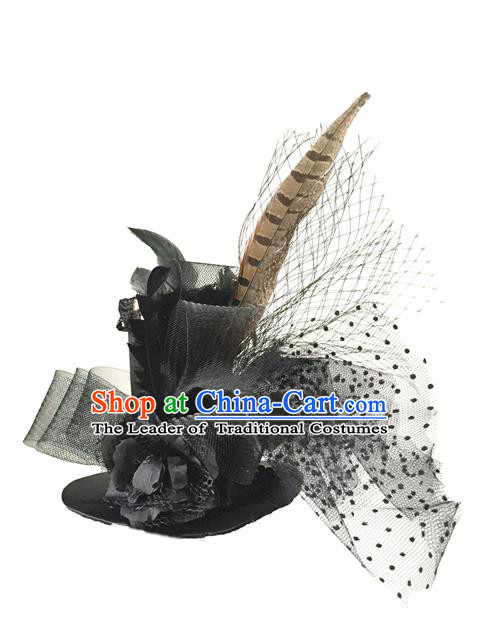 Top Grade Chinese Theatrical Luxury Headdress Ornamental Black Feather Top Hat, Halloween Fancy Ball Ceremonial Occasions Handmade Witch Hat for Women