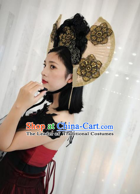 Top Grade Chinese Theatrical Luxury Headdress Ornamental Black Headwear, Halloween Fancy Ball Ceremonial Occasions Handmade Hair Accessories for Women