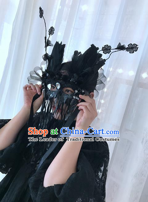 Top Grade Chinese Theatrical Luxury Headdress Ornamental Black Mask, Halloween Fancy Ball Ceremonial Occasions Handmade Feather Tassel Headwear for Women