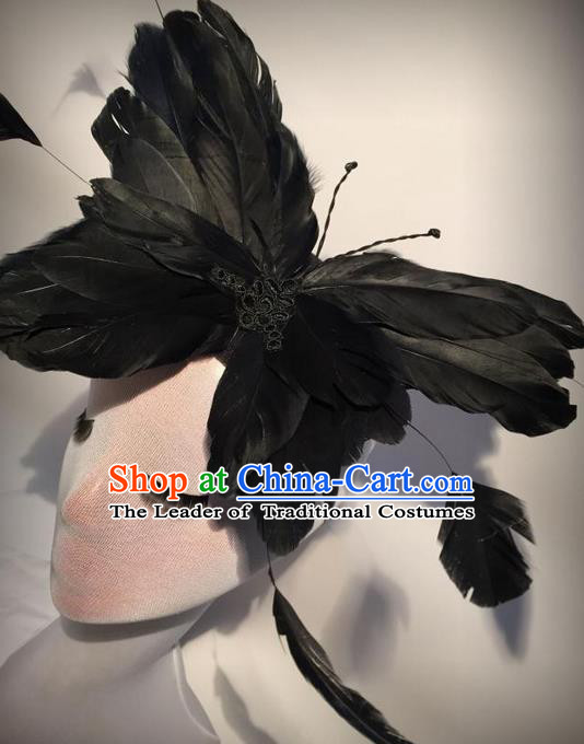 Top Grade Chinese Theatrical Luxury Headdress Ornamental Black Butterfly Hair Clasp, Halloween Fancy Ball Ceremonial Occasions Handmade Feather Hair Accessories for Women