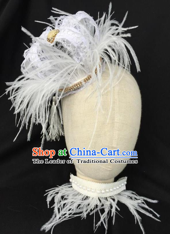 Top Grade Chinese Theatrical Headdress Traditional Ornamental Baroque White Feather Headwear, Brazilian Carnival Halloween Occasions Handmade Vintage Queen Royal Crown for Women
