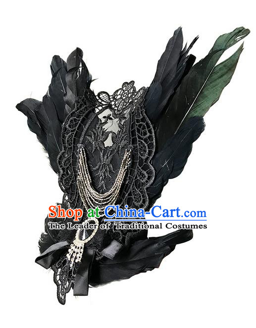 Top Grade Chinese Theatrical Headdress Traditional Ornamental Black Feather Headband, Brazilian Carnival Halloween Occasions Handmade Miami Feathers Hair Clasp for Women