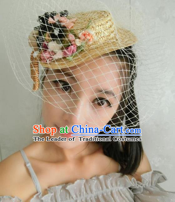 Top Grade Chinese Theatrical Headdress Traditional Ornamental Flowers Top Hat, Brazilian Carnival Halloween Occasions Handmade Bride Veil Hat for Women