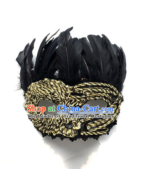 Top Grade Chinese Theatrical Headdress Traditional Ornamental Feather Mask, Brazilian Carnival Halloween Occasions Handmade Vintage Golden Mask for Men