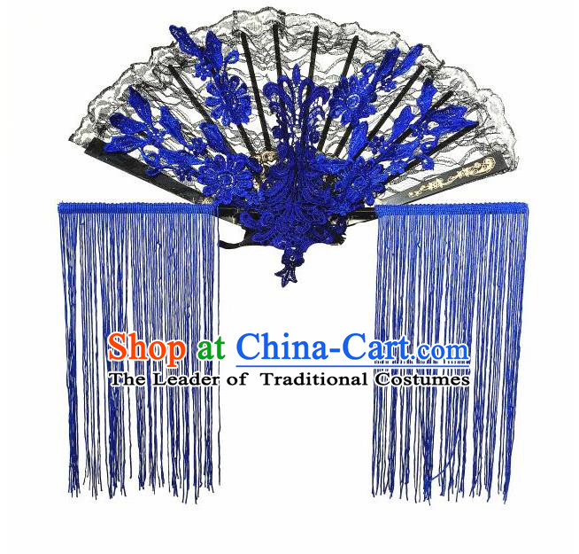 Top Grade Chinese Theatrical Headdress Ornamental Asian Headpiece Blue Fanshaped Floral Hair Accessories, Halloween Fancy Ball Ceremonial Occasions Handmade Tassel Headwear for Women