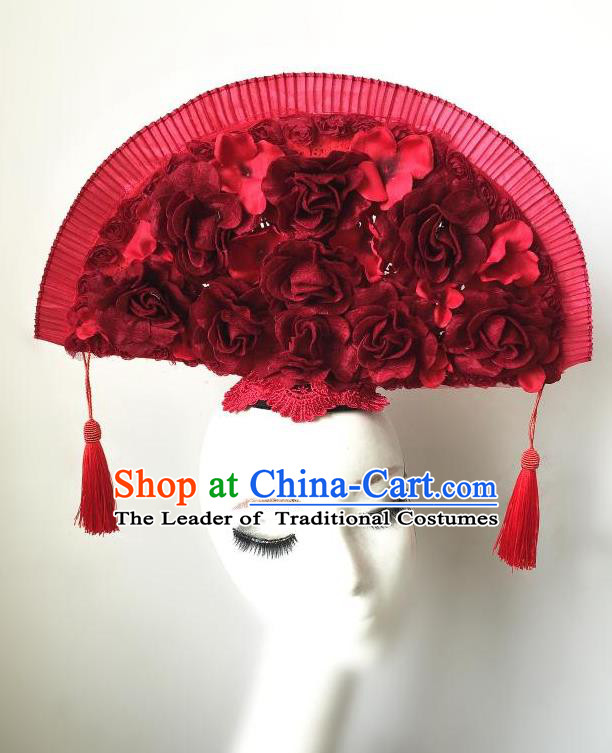 Top Grade Chinese Theatrical Headdress Ornamental Asian Headpiece Red Fanshaped Floral Hair Accessories, Halloween Fancy Ball Ceremonial Occasions Handmade Headwear for Women