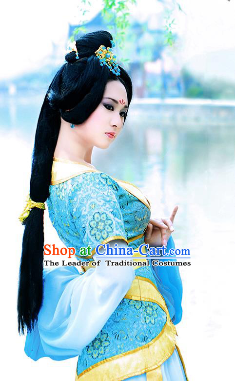 Traditional Ancient Chinese Young Lady Princess Blue Dance Costume, Chinese Han Dynasty Noble Lady Fairy Water Sleeve Dress Hanfu Clothing for Women